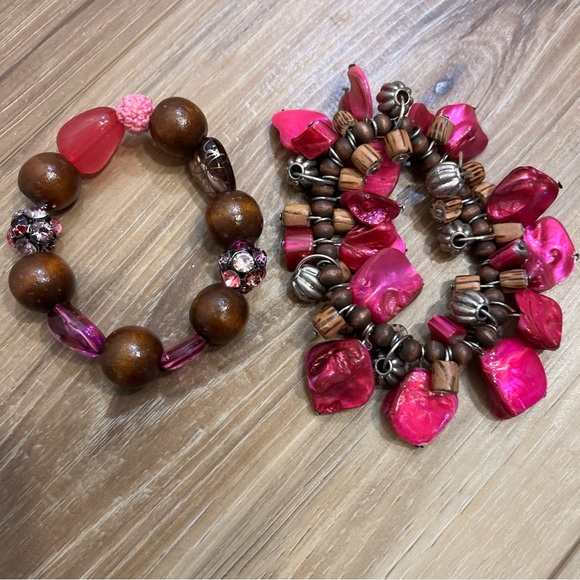 Womens Bracelet Stretch Wooden Beads, Purple Shells, Silver Accents Lot Of 2 - Picture 6 of 6